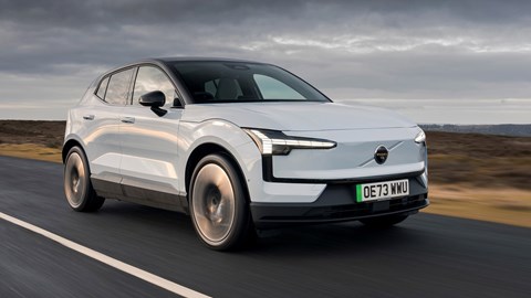 Best electric SUVs - Volvo  EX30, front, sky blue, driving
