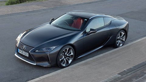 Best hybrids: Lexus LC500h, dark grey with red interior, front top view